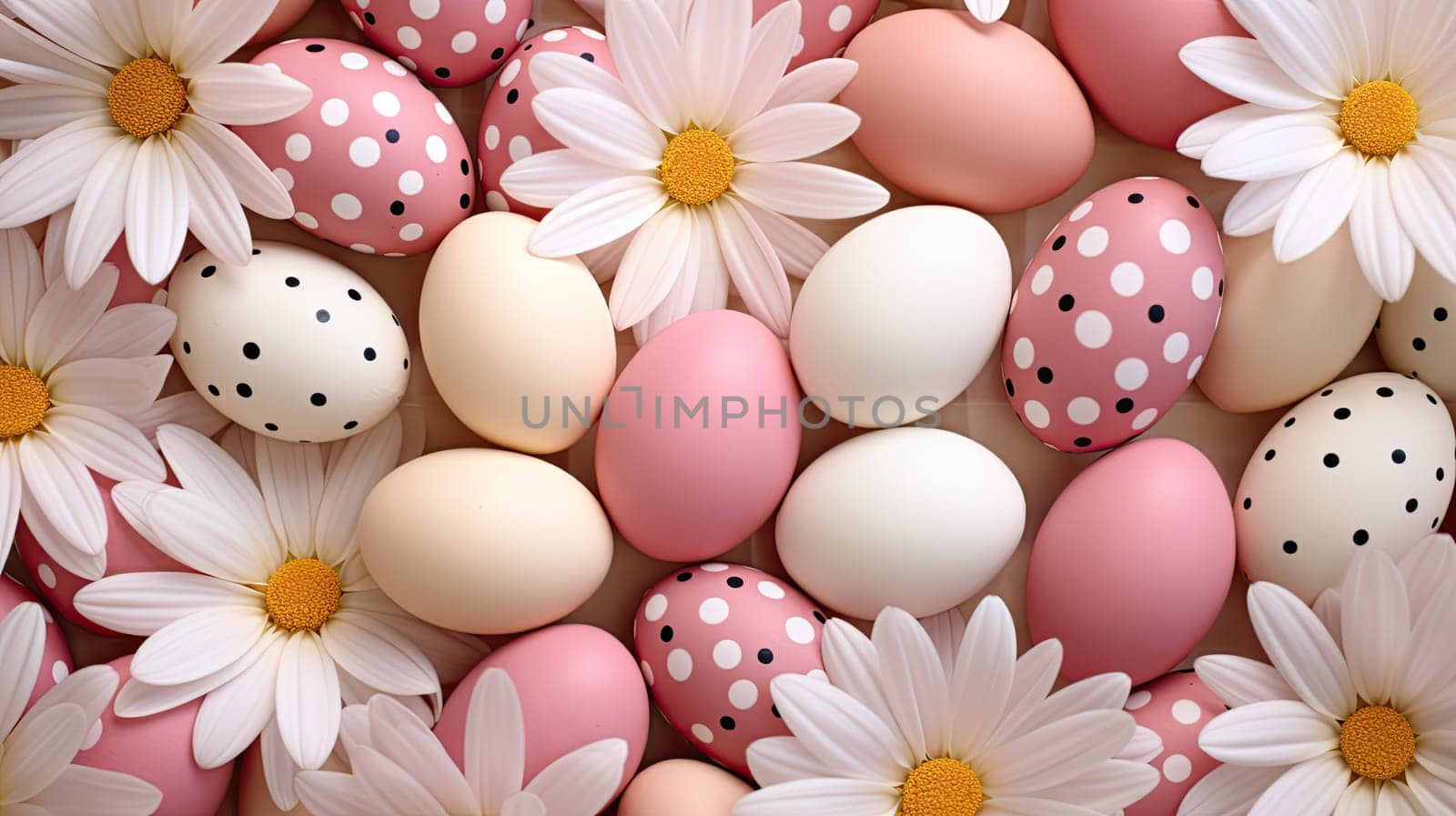 Easter holiday background with Easter eggs and daisy flowers, pastel color, AI Generative.