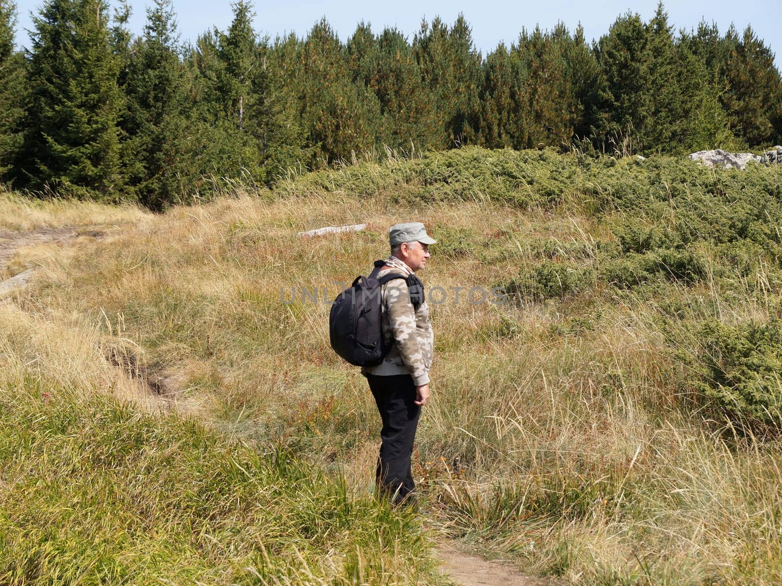 an adult middle-aged man with a backpack alone on a hike near the forest.