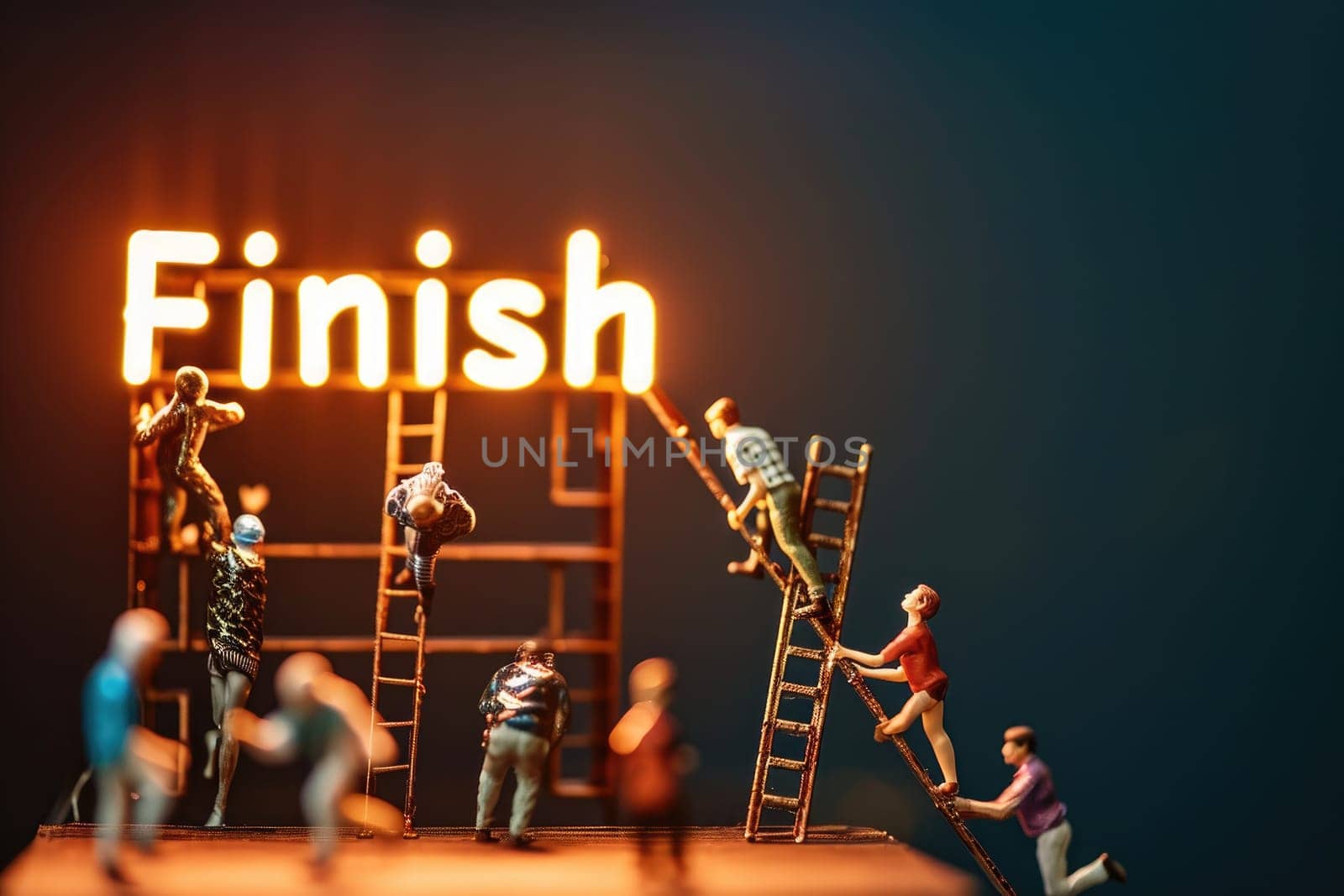Figurine of many people action to lean on the ladder and climb up to the top a giant word Finish.