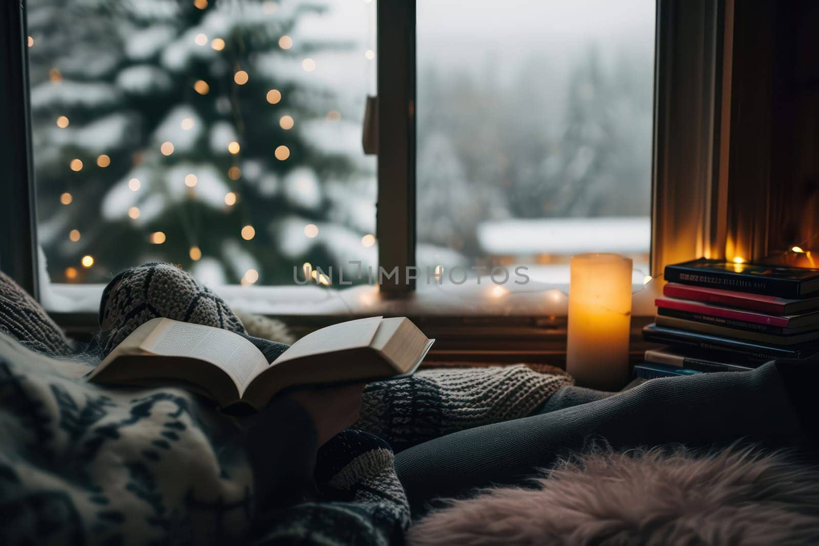 A woman setting up a cozy corner for reading book. Generative AI by golfmerrymaker