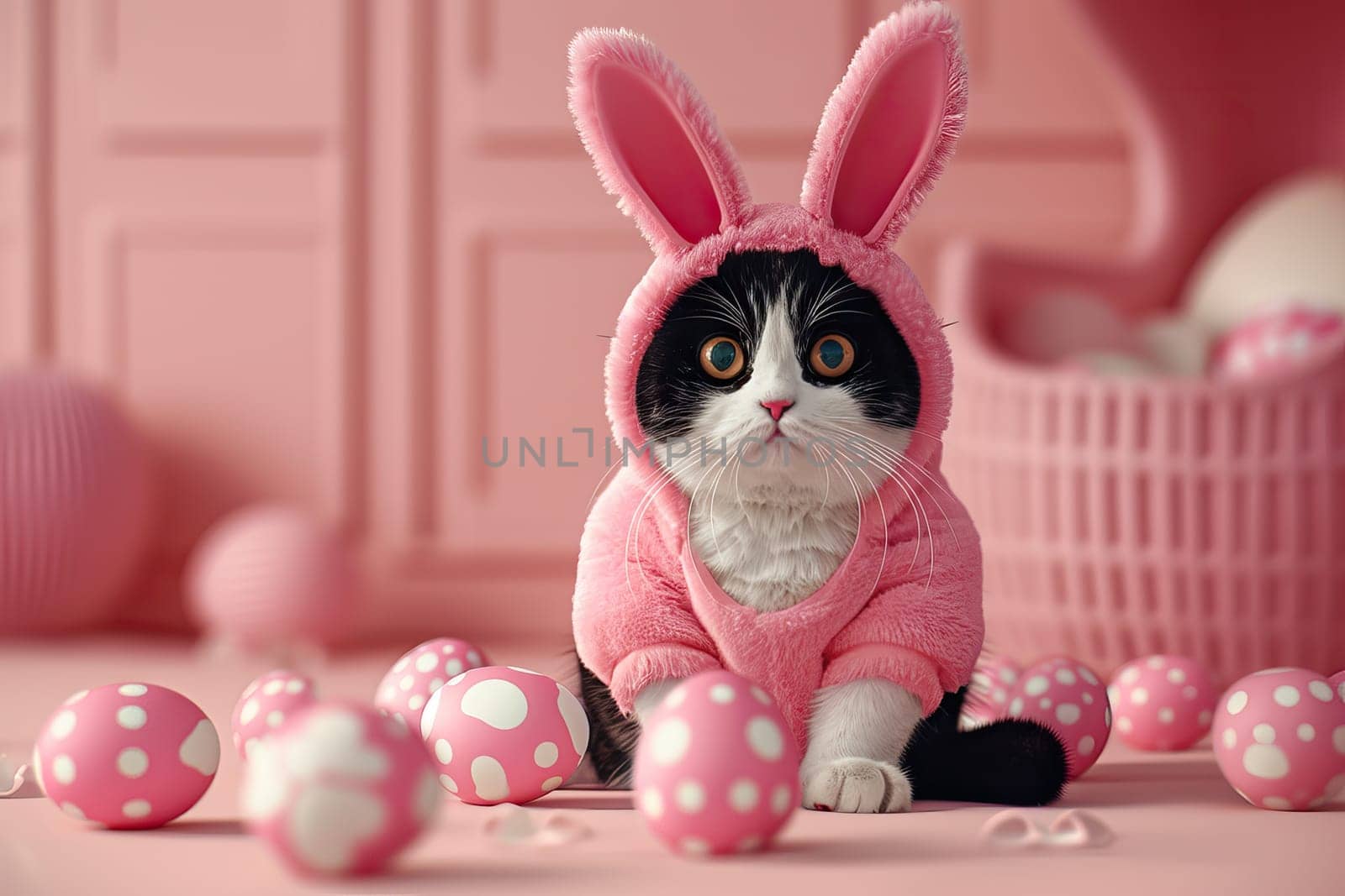 Chubby Black and white cat wearing a pink rabbit costume, with Easter eggs. Generative AI.