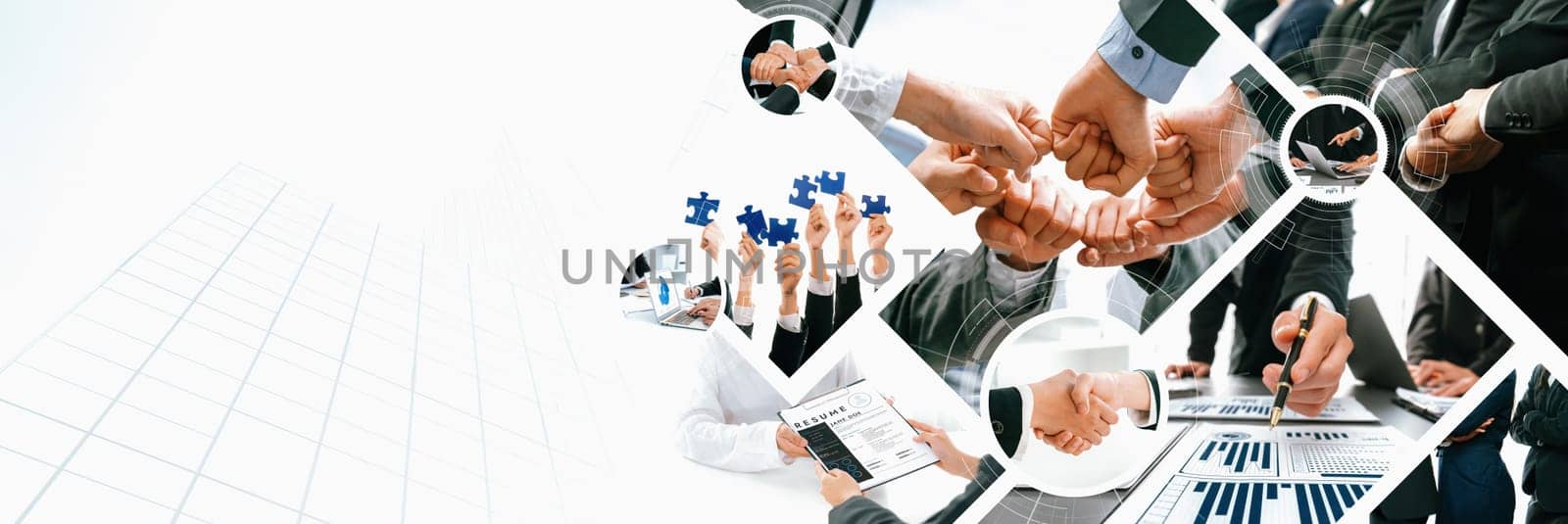 Teamwork and human resources HR management technology concept in corporate business with people group networking to support partnership, trust, teamwork and unity of coworkers in office vexel