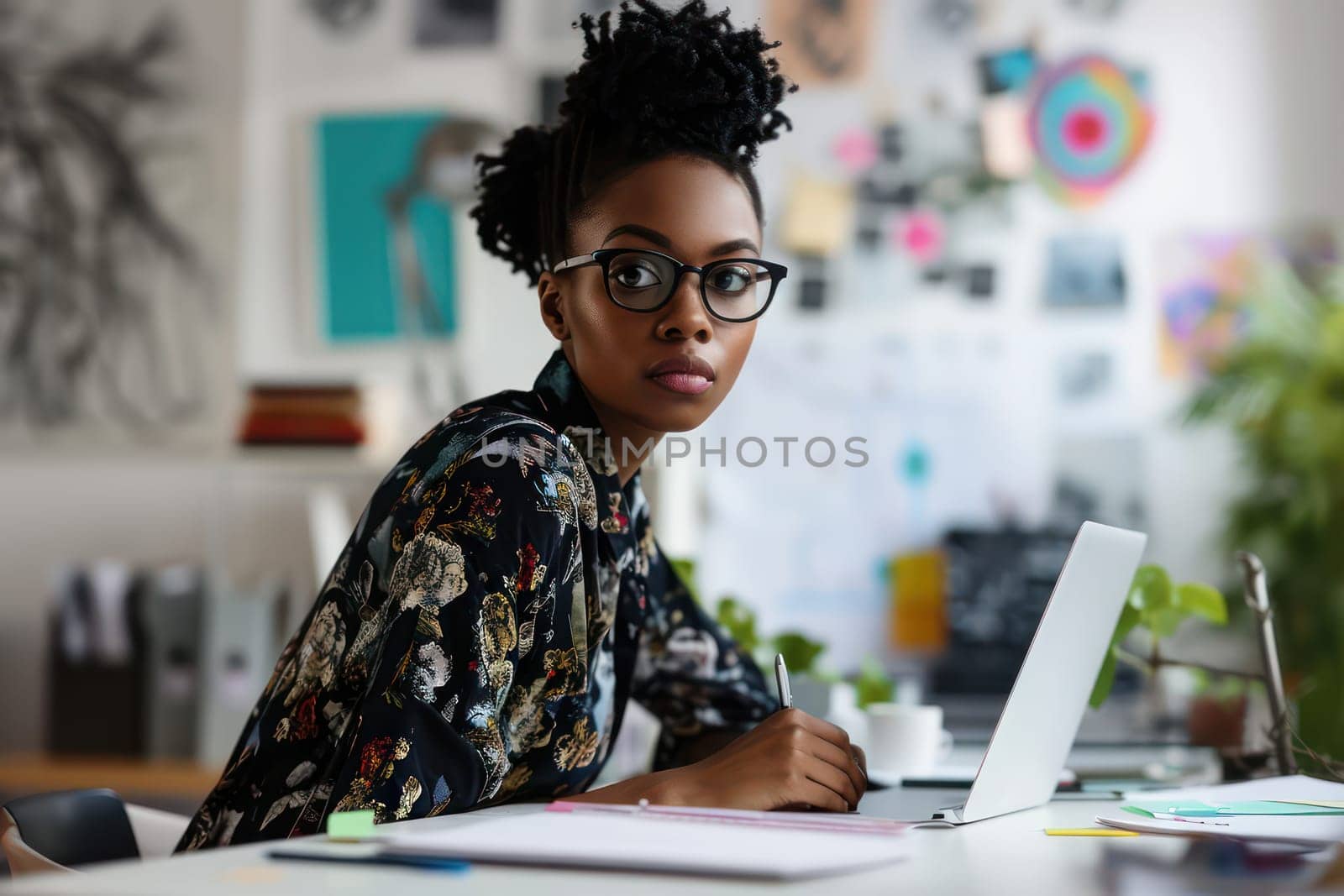 Young beautiful creative woman sitting at white desk working. Generative AI.