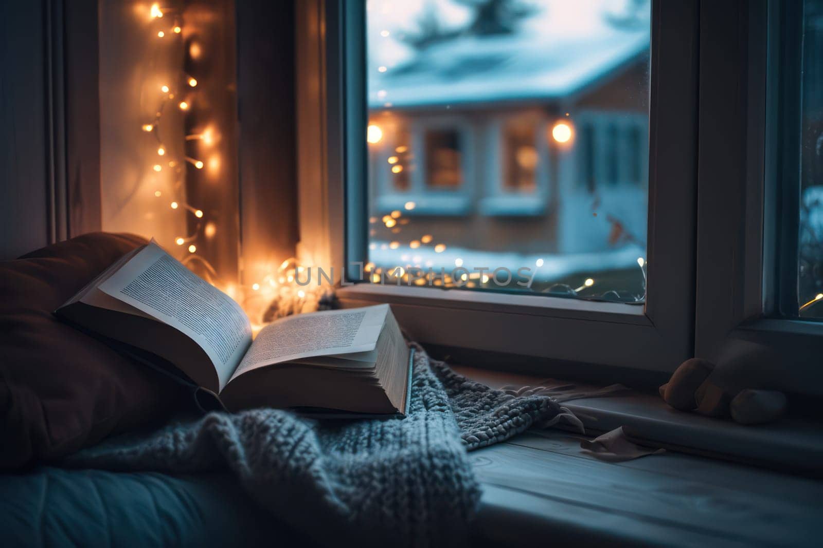 A woman setting up a cozy corner for reading book. Generative AI.