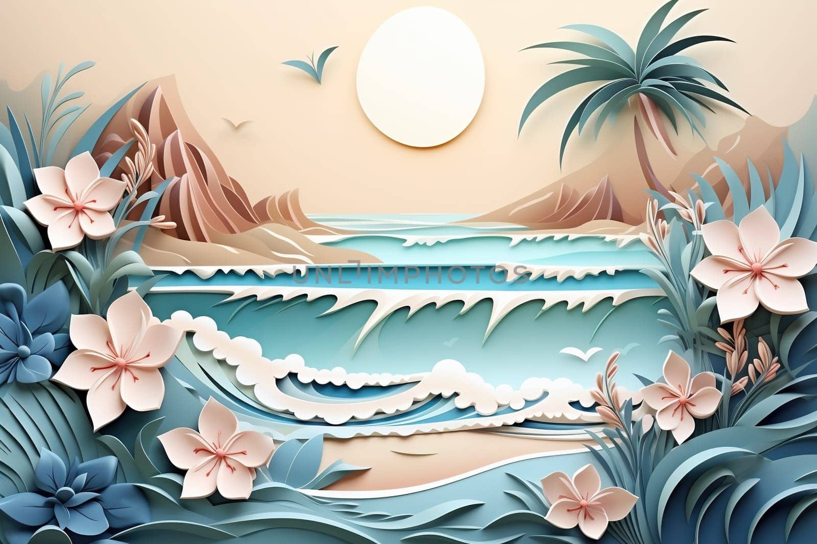 Sea waves with flower blossoms and palm trees. Beautiful nature background in paper cut style.