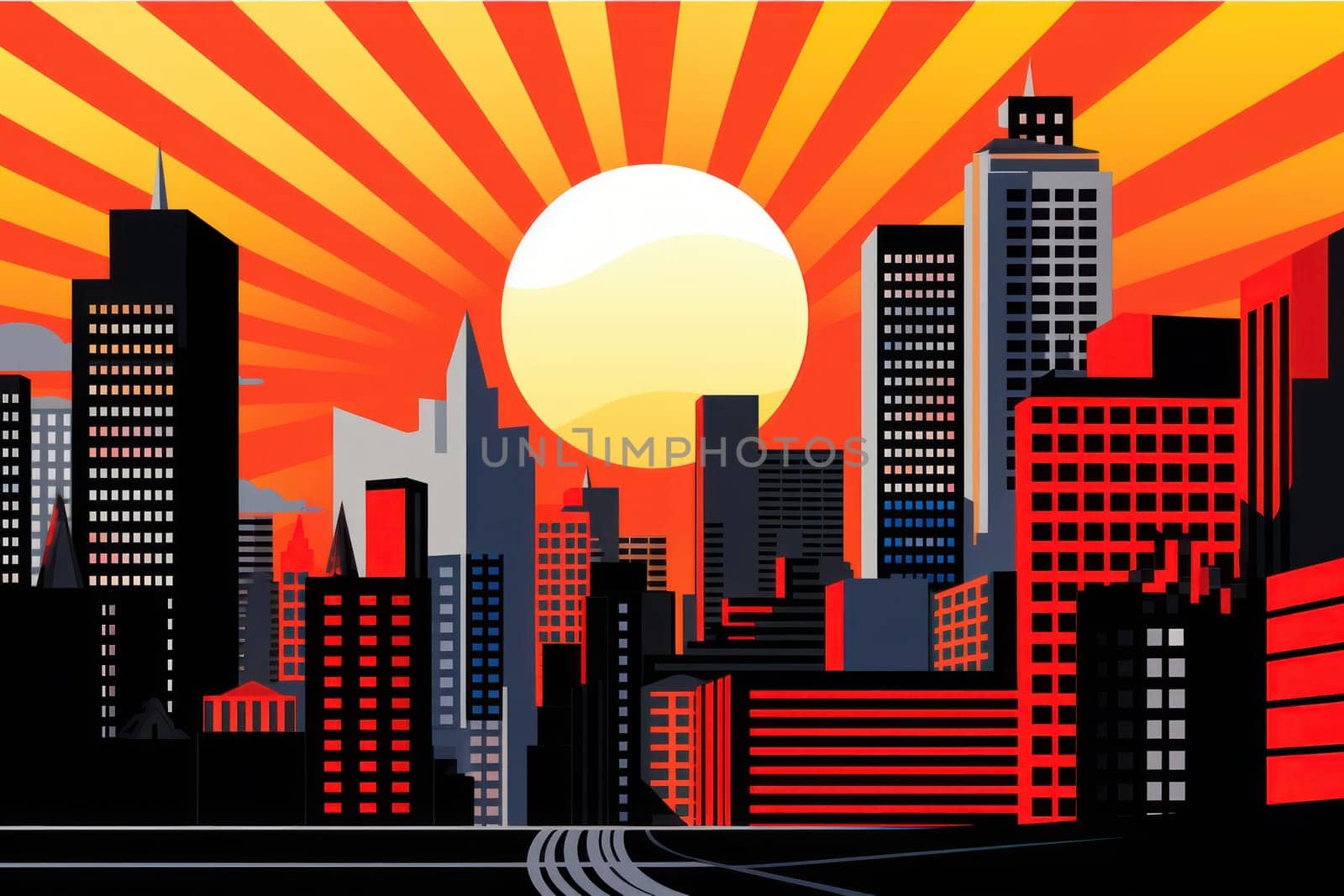 comic retro pop art style sunrise in the city.