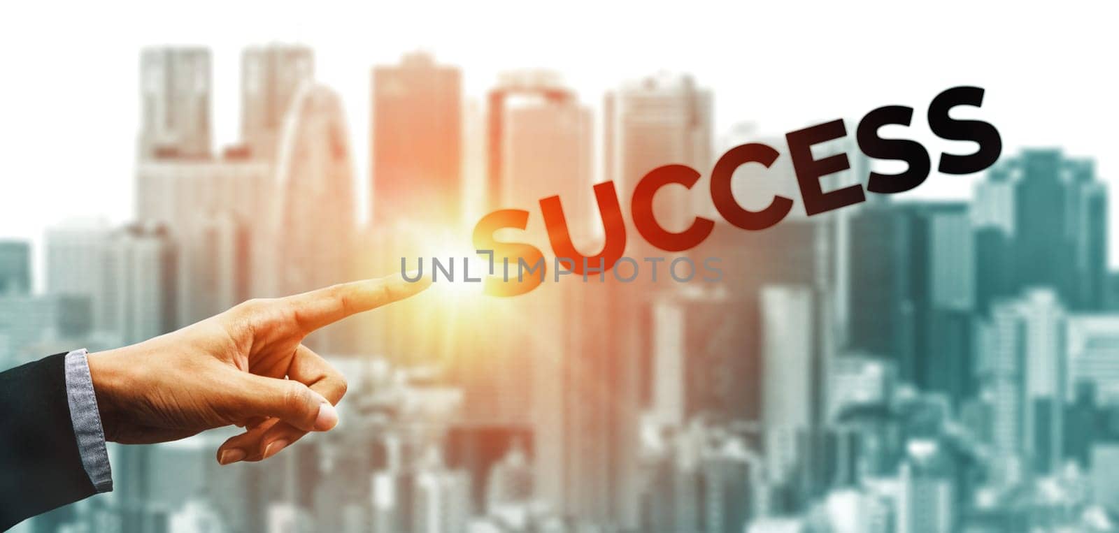 Creative business people hand pointing at word. Concept image of achievement and goal success. uds