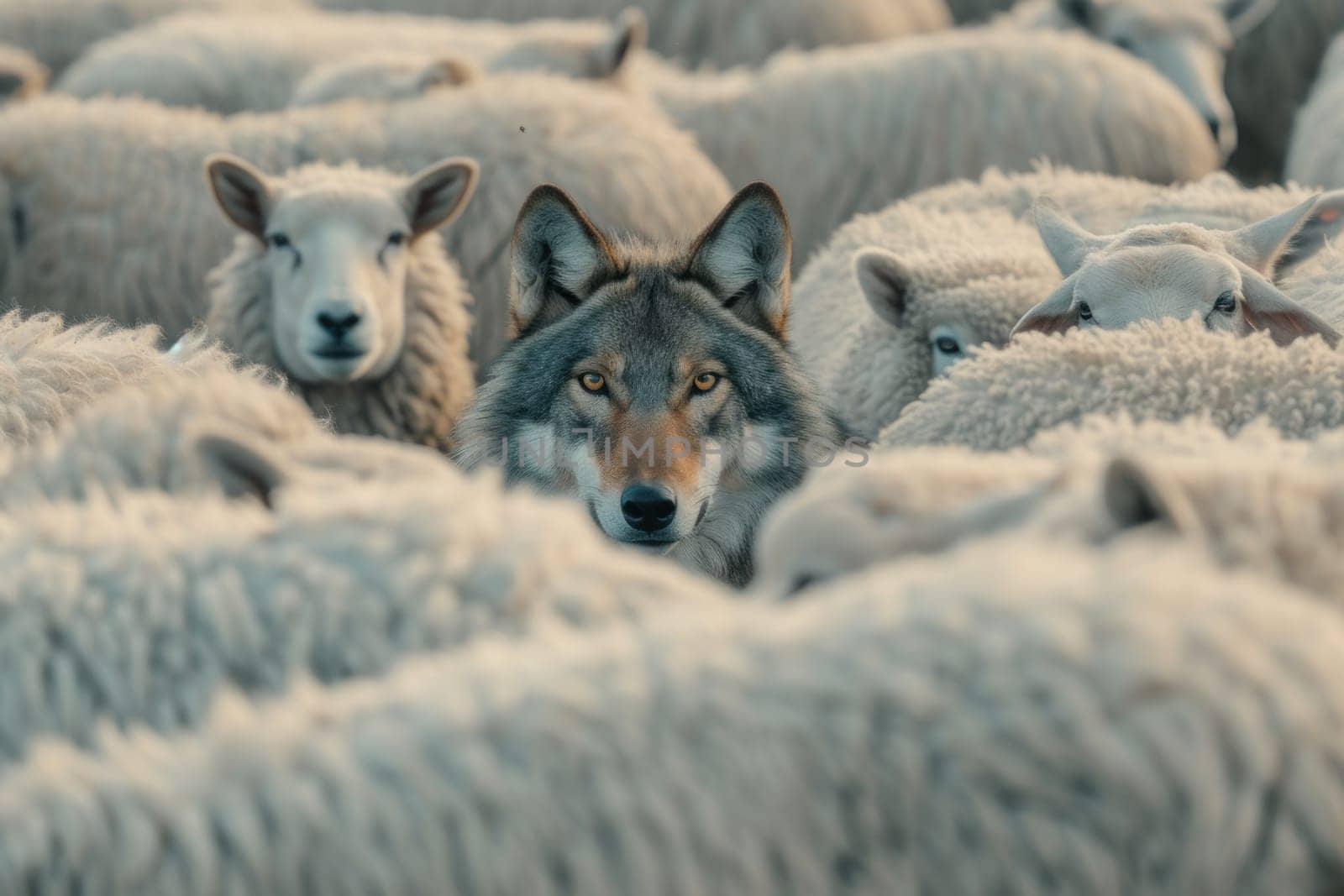 A hungry wolf hides among a flock of sheep. Generative AI.