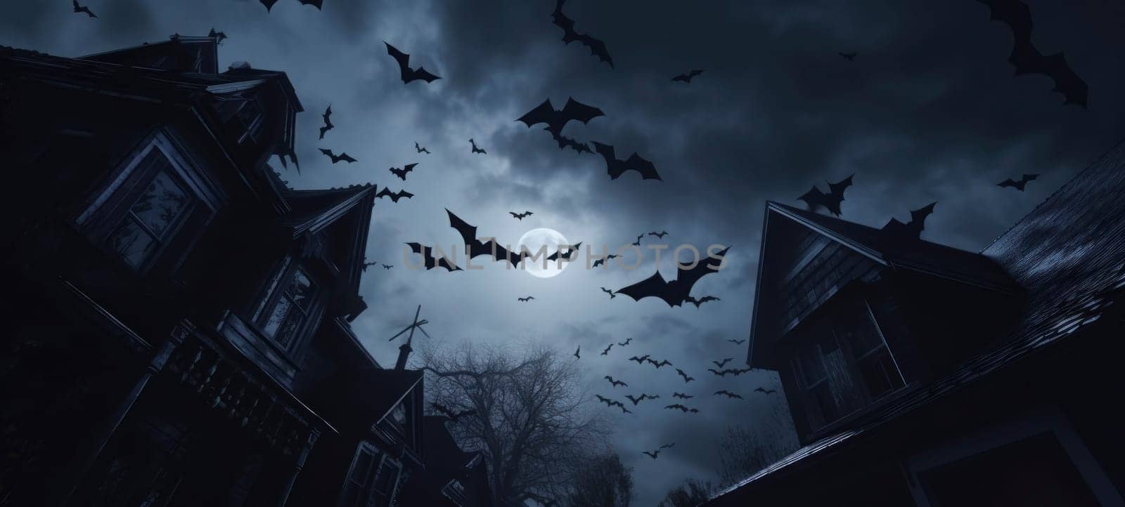 Eerie haunted house on a dark night, with silhouettes of flying bats against a full moon, creating a spooky atmosphere.