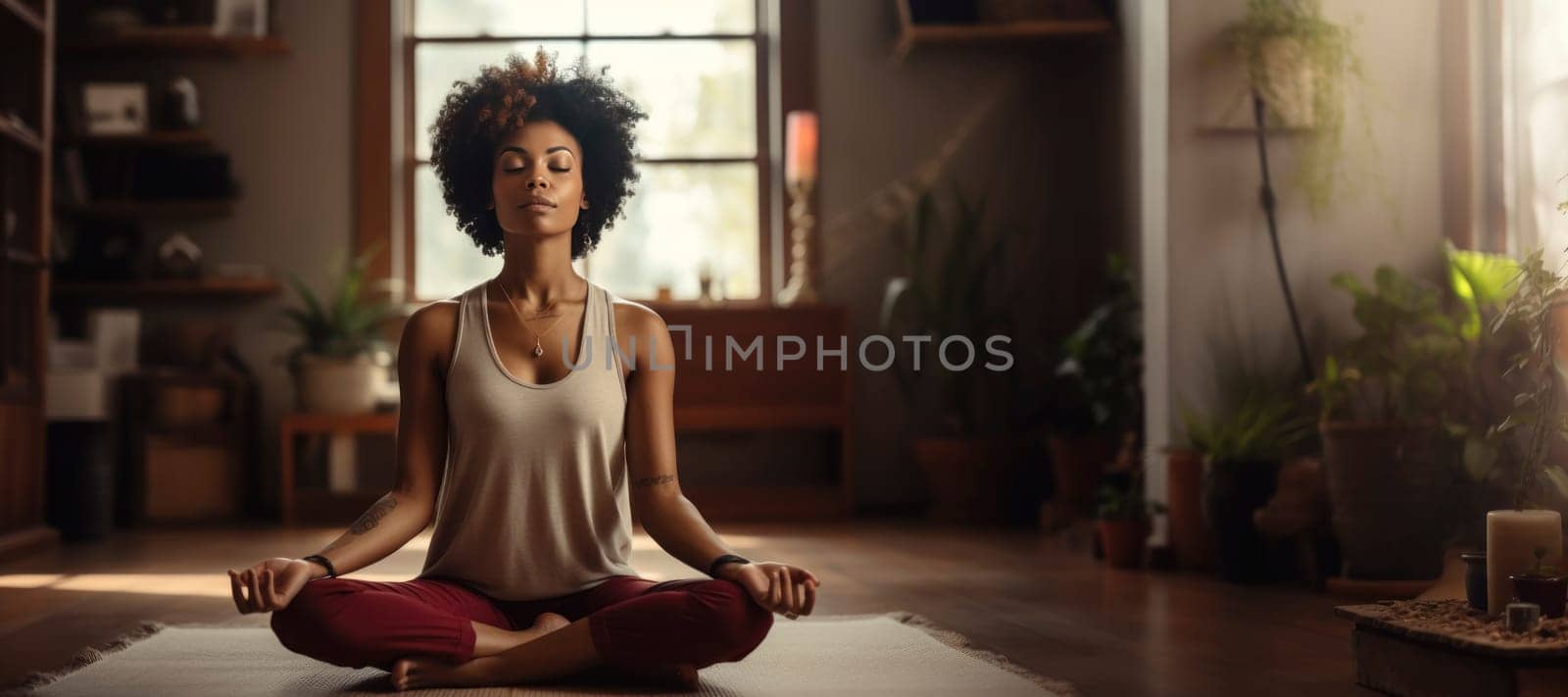 A young woman meditating in a serene indoor environment with plants, embodying tranquility and mindfulness.