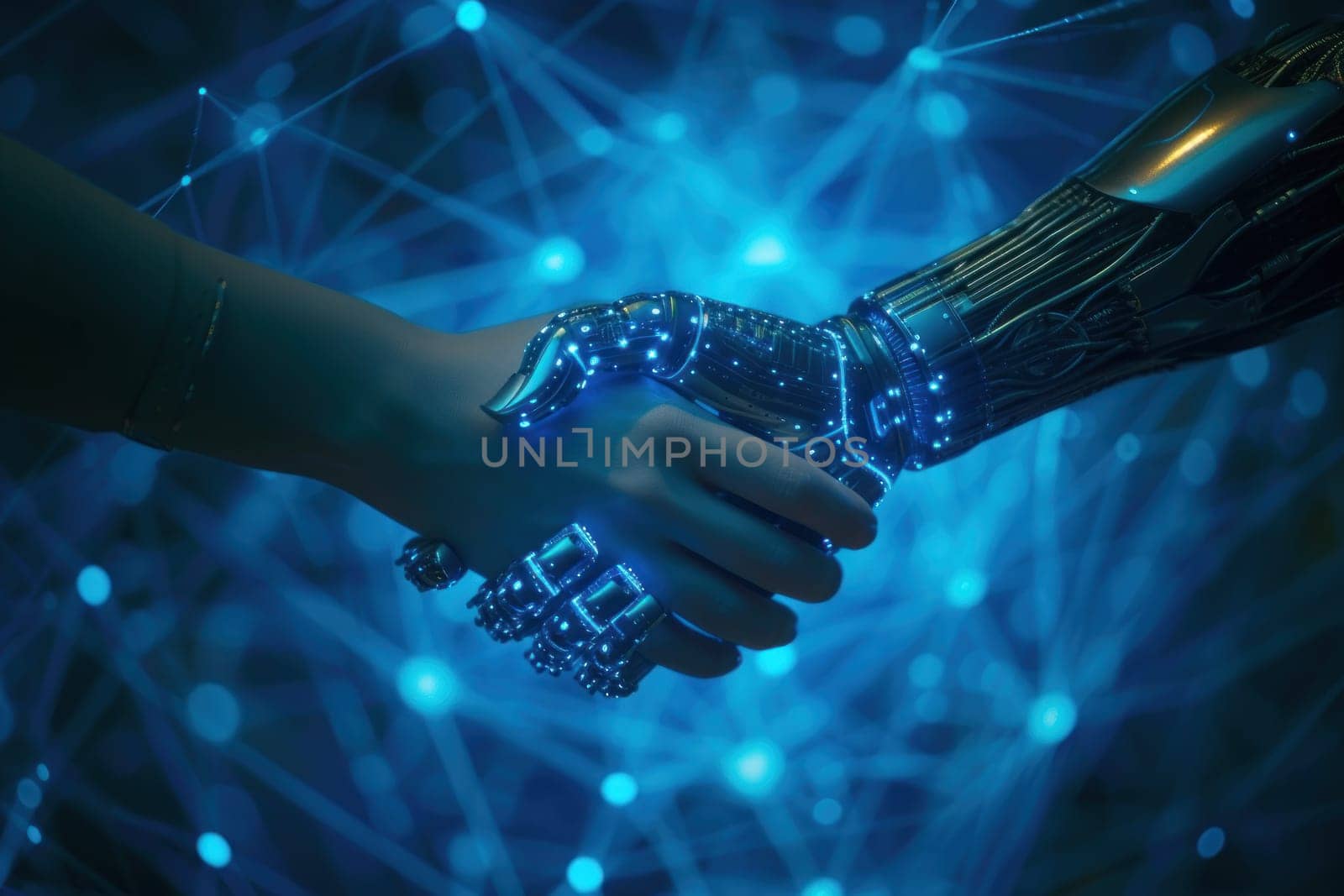 A handshake between a robot hand and a human hand, Technologies AI concept. Generative AI.