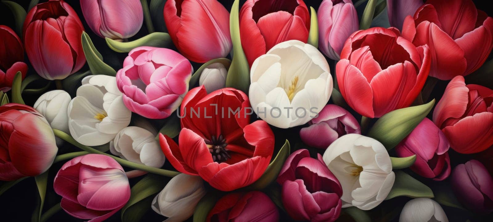 A stunning array of red, pink, and white tulips in full bloom, creating a beautiful and vibrant floral display.