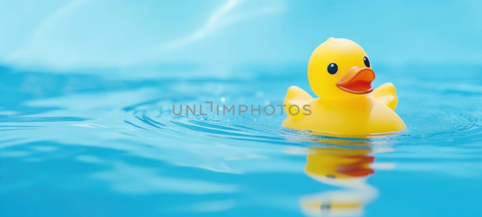 A classic yellow rubber duck toy cheerfully floats in crystal clear blue water with ripples around.