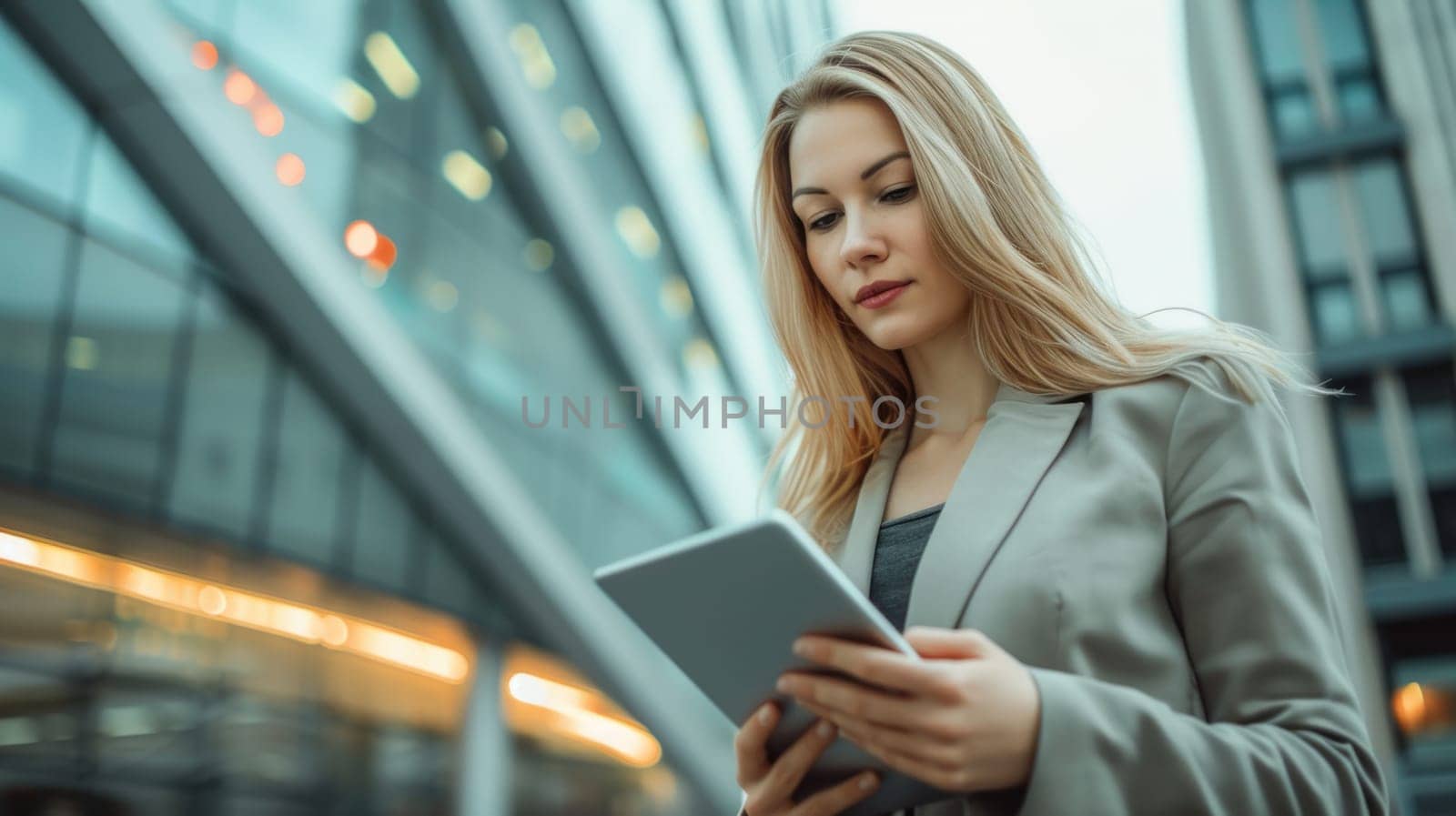 A businesswoman in a blazer using a tablet. Generative AI.