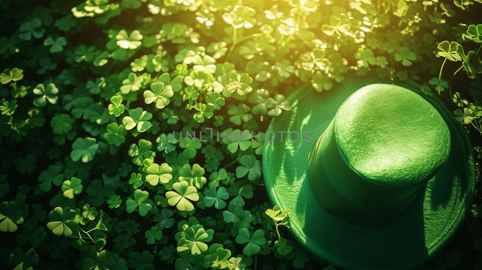 A green Leprechaun hat lies among the clover leaves in the forest. St. Patrick's Day. AI generated.