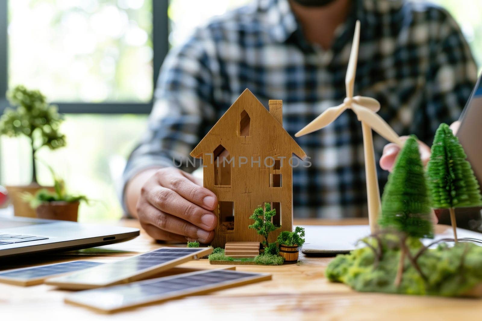 Architect designer hold small wooden house symbol while thinking about home design. Generative AI.