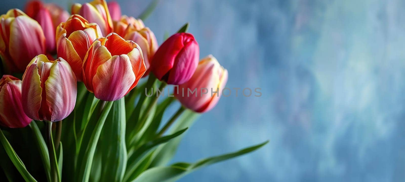 Beautiful bouquet of multicolored tulips against a soft blue textured backdrop with copy space.