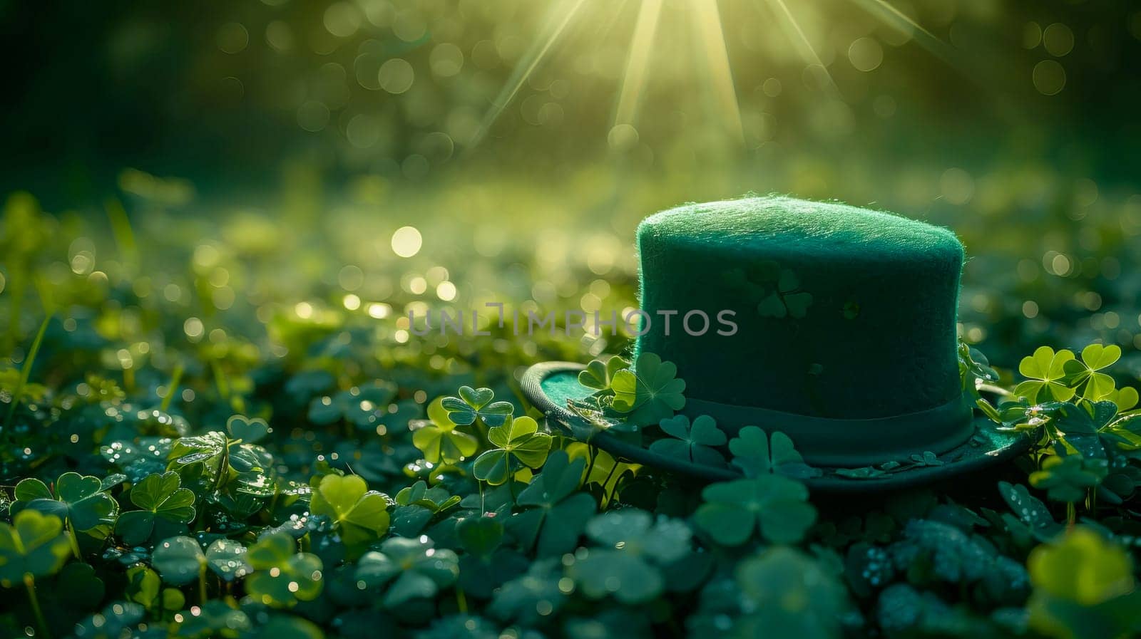 A green Leprechaun hat lies among the clover leaves in the forest. St. Patrick's Day. AI generated.