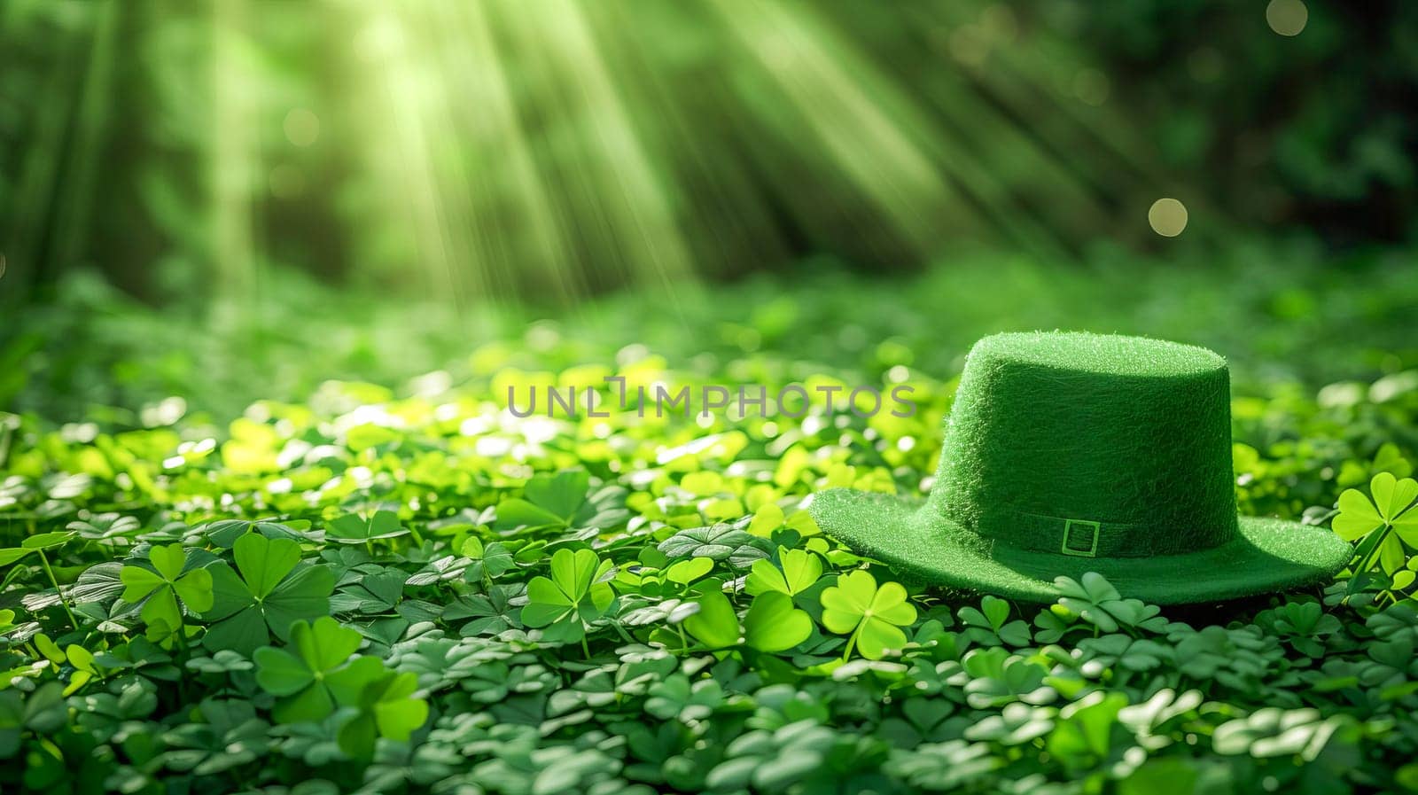 A green Leprechaun hat lies among the clover leaves in the forest. St. Patrick's Day. AI generated.