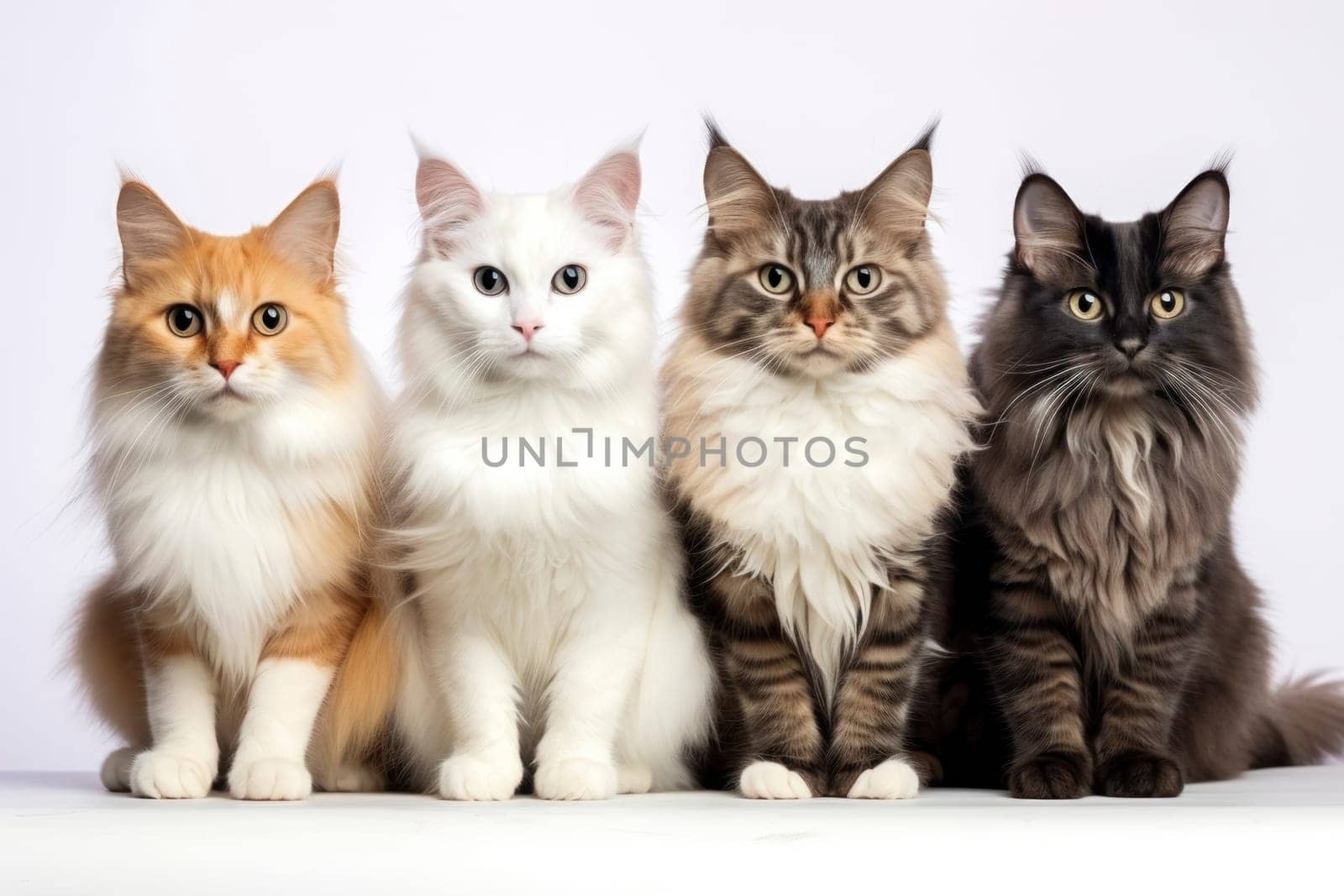 Four Maine Coon cats sitting side by side, displaying their fluffy fur, diverse colors, and attentive expressions.