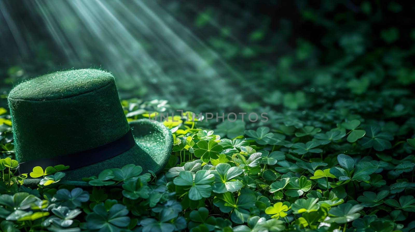 A green Leprechaun hat lies among the clover leaves in the forest. St. Patrick's Day. AI generated.