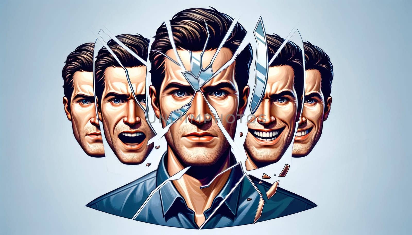 Artistic representation of a man's portrait shattered into multiple expressive fragments against a plain background.