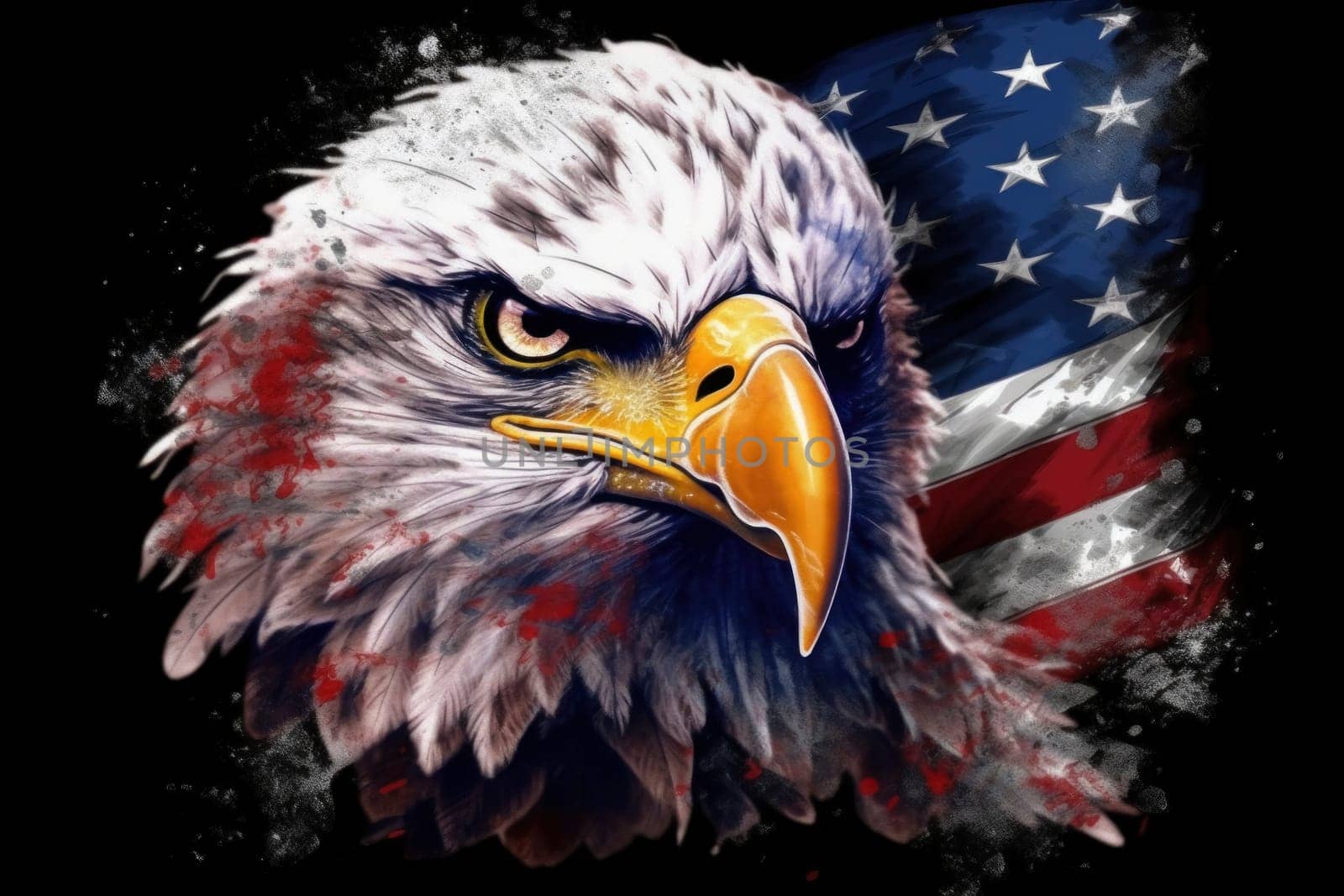 A close-up of an American bald eagle with an American flag in the background, representing patriotism and freedom.