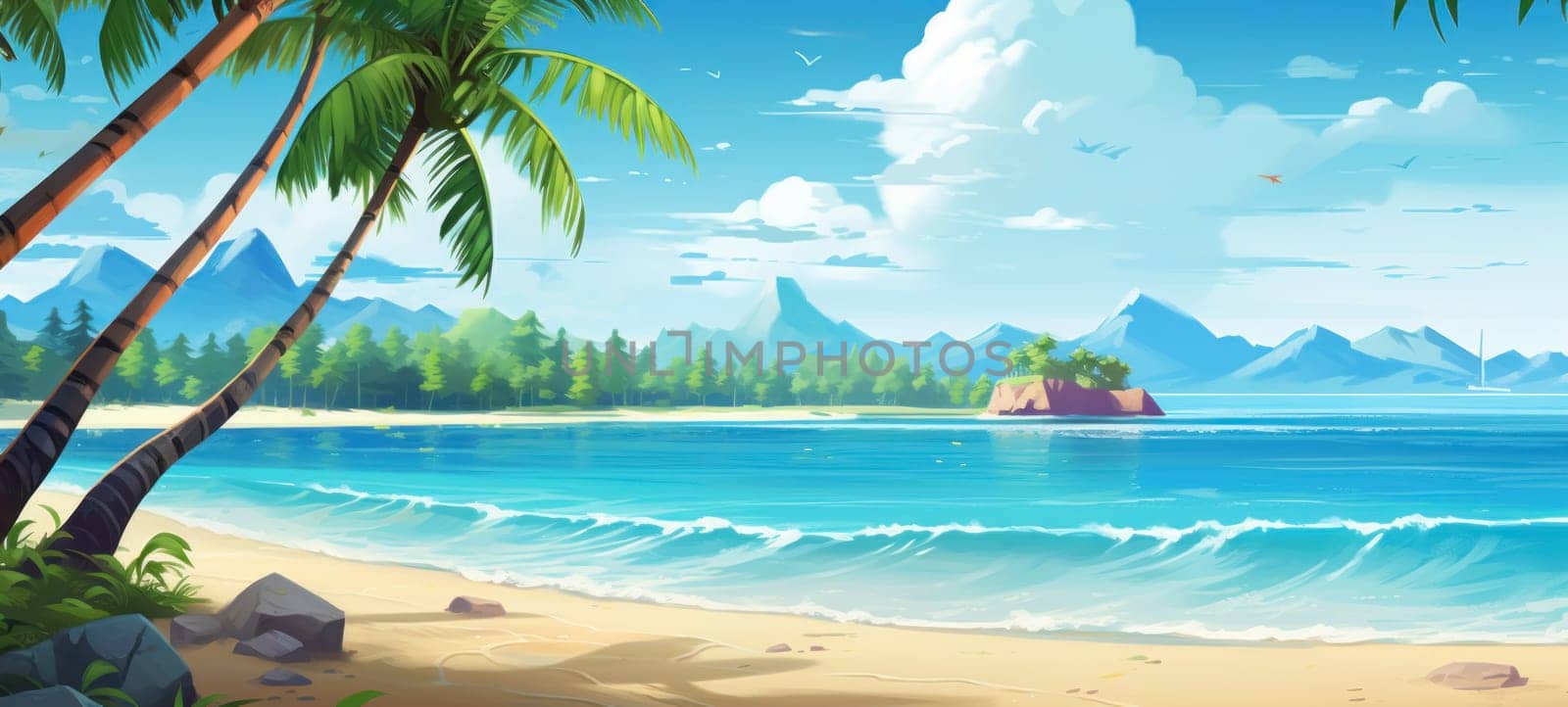 Illustration of a serene tropical beach with palm trees, crystal blue water, and distant mountains, ideal for relaxation.