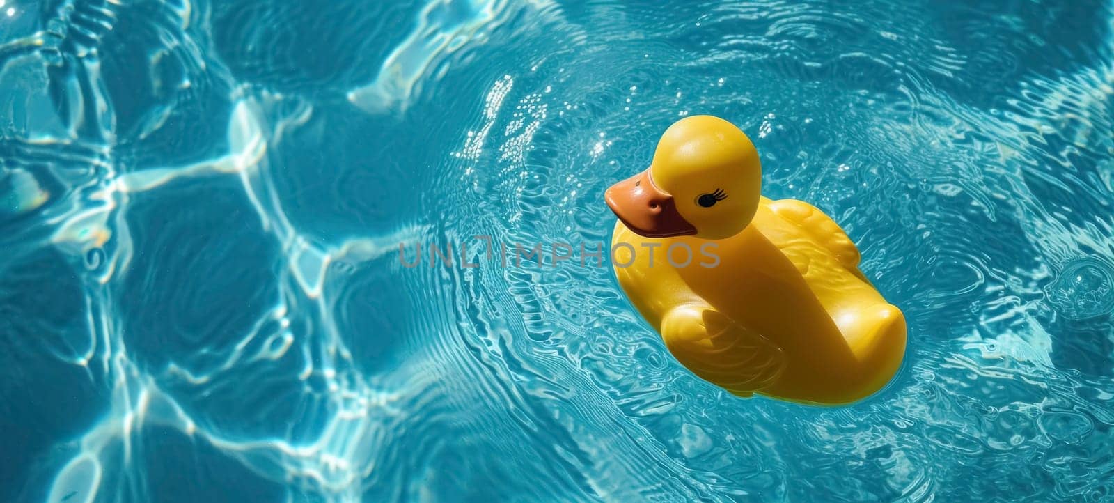 Close-up of a yellow rubber duck covered in water droplets, floating on the vibrant blue water surface.