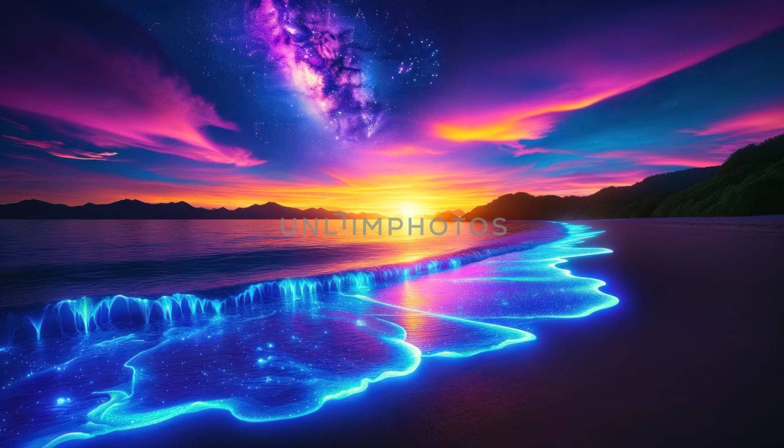 A stunning sunset beach scene with glowing bioluminescent waves under a majestic galaxy sky, blending nature with the cosmos.