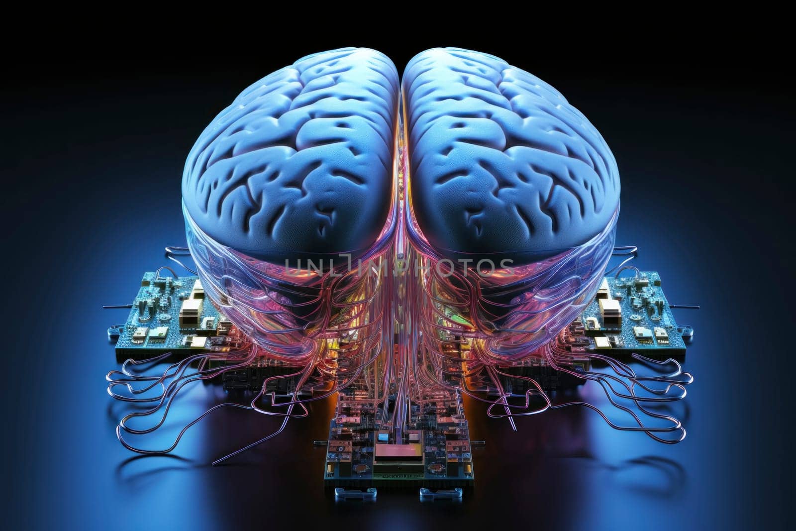 Conceptual representation of a human brain with electronic circuitry and wiring.