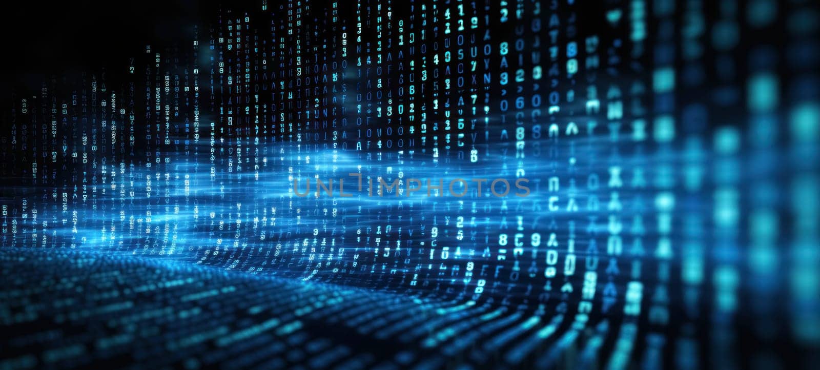 Blue digital binary data on computer screen close-up