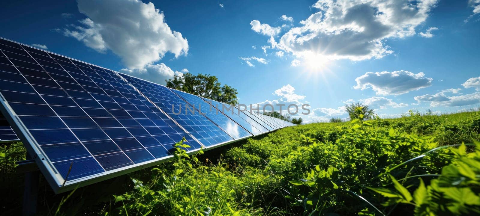 Solar panels set in a lush green field with a clear blue sky and bright sunshine, indicating renewable energy.