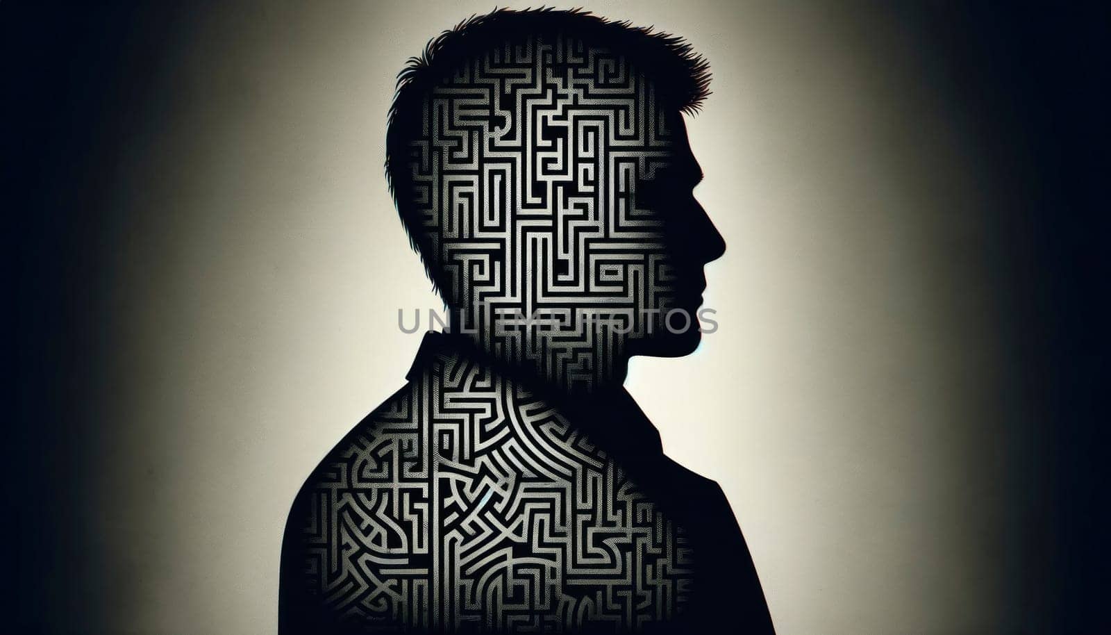 Conceptual image of a person's silhouette with a labyrinth patterned overlay representing complex thoughts and mental puzzles.