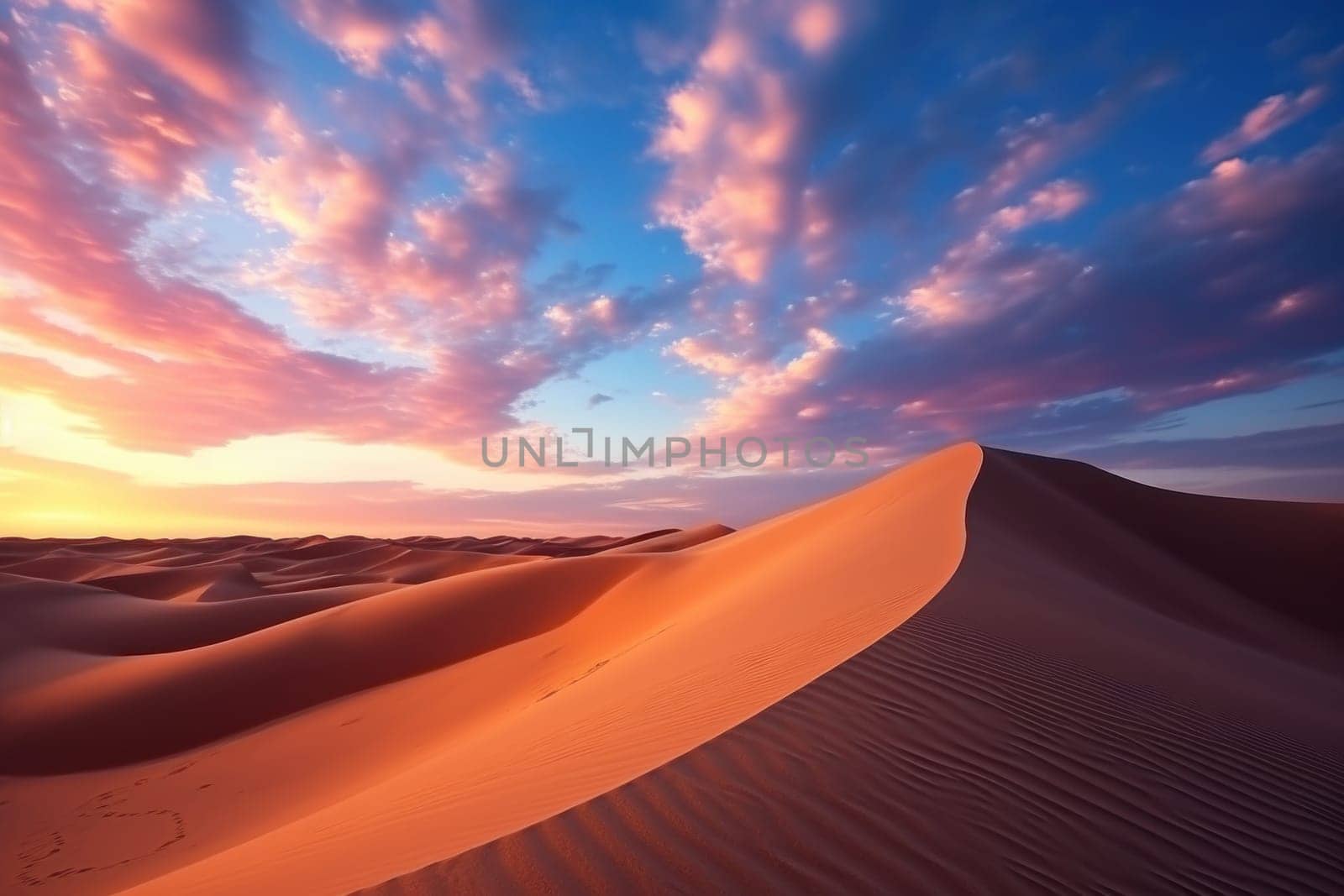 Sunset in the desert, Sand dunes with cloud sky background by nijieimu