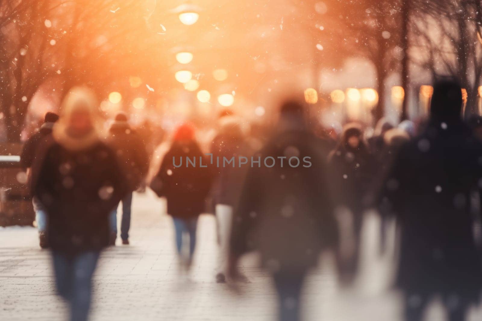 Crowd on street in bright lens flare Abstract blur.