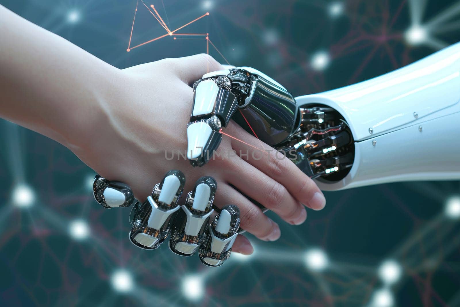 A handshake between a robot hand and a human hand, Technologies AI concept. Generative AI.