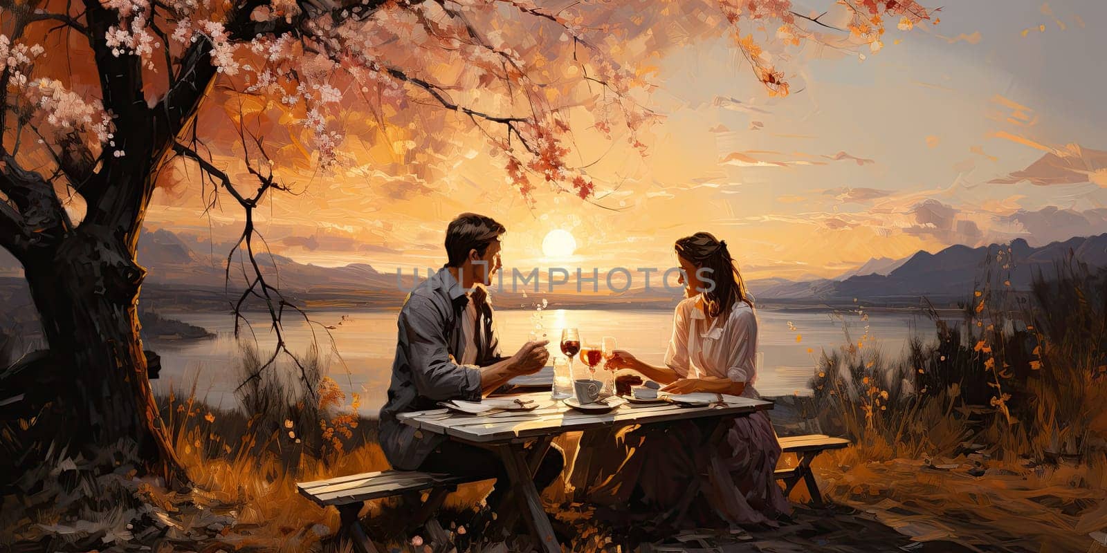 Couple in love on a white plaid take a picnic against the backdrop of a sunset in the mountains. Romantic time. Beautiful couple is enjoying picnic time at sunset. Copy space by Benzoix