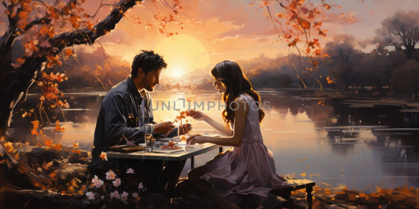 Couple in love on a white plaid take a picnic against the backdrop of a sunset in the mountains. Romantic time. Beautiful couple is enjoying picnic time at sunset. Copy space by Benzoix