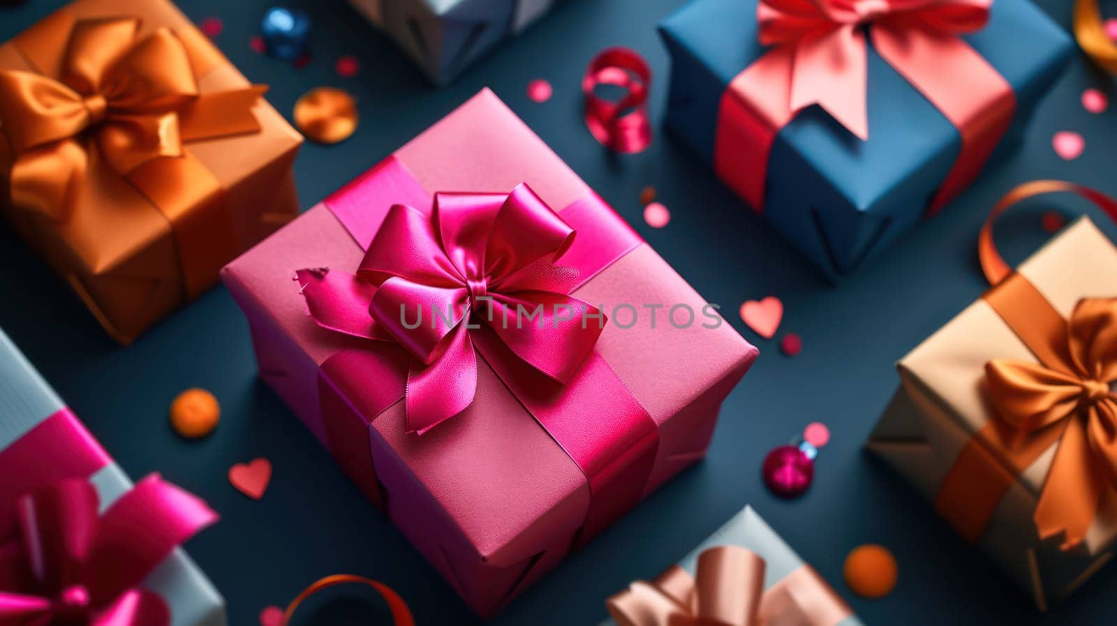 Valentine gifts in colorful packaging with bows and bright ribbons. Generative AI by golfmerrymaker