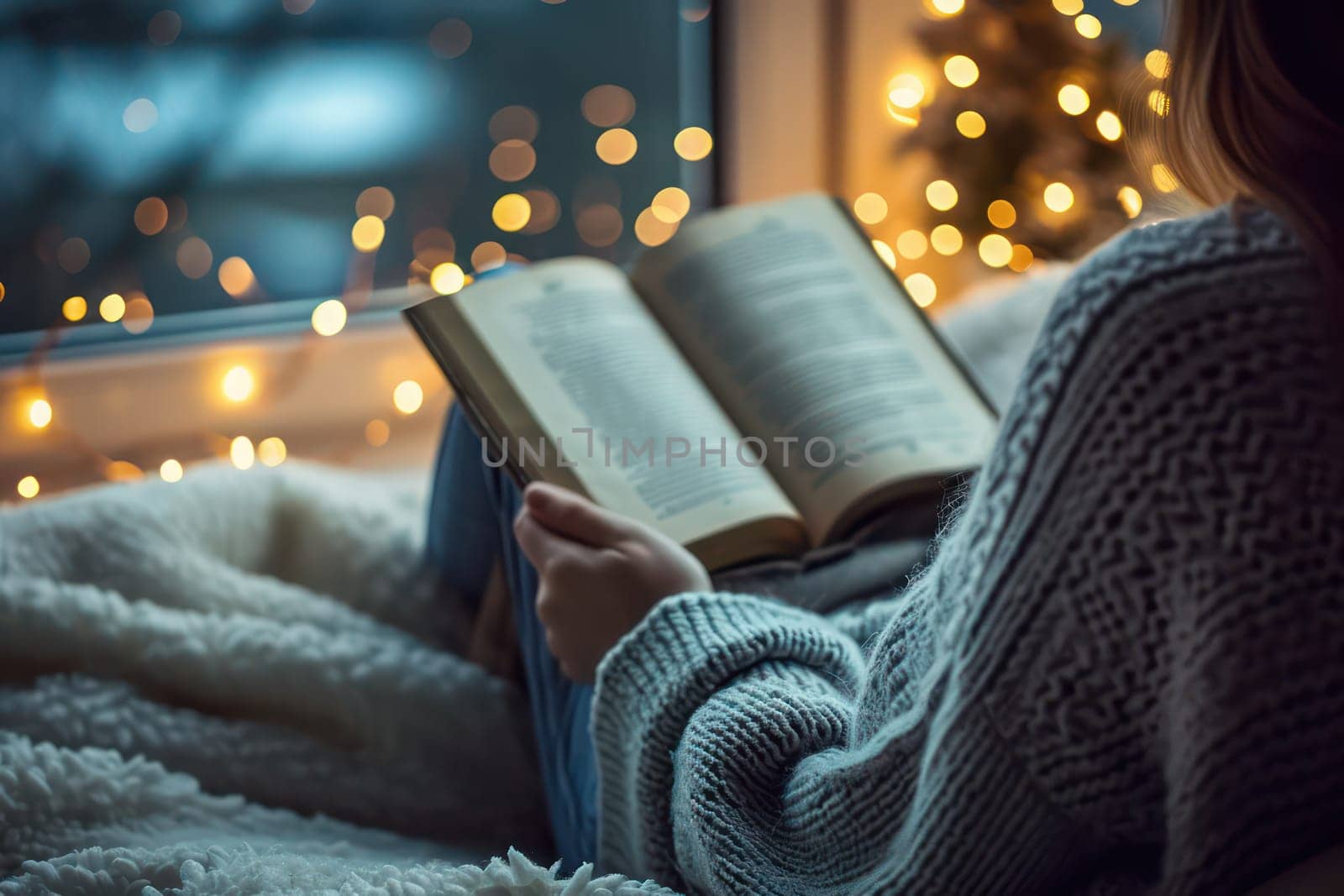 A woman setting up a cozy corner for reading book. Generative AI.
