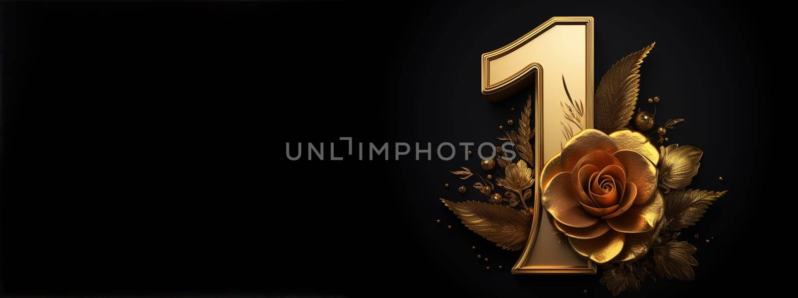 Golden number one with flowers on black background with copy space. Symbol 1. Invitation for a first birthday party, business anniversary, or any event celebrating a first milestone. Generative AI