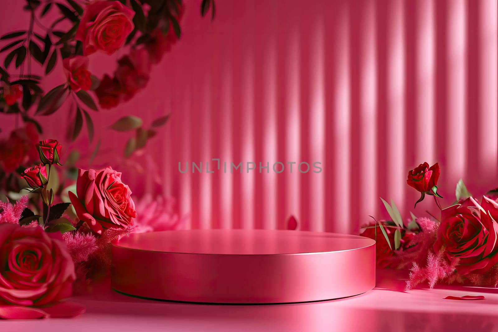 Podium for Valentine presentation products pink and red. Generative AI by golfmerrymaker