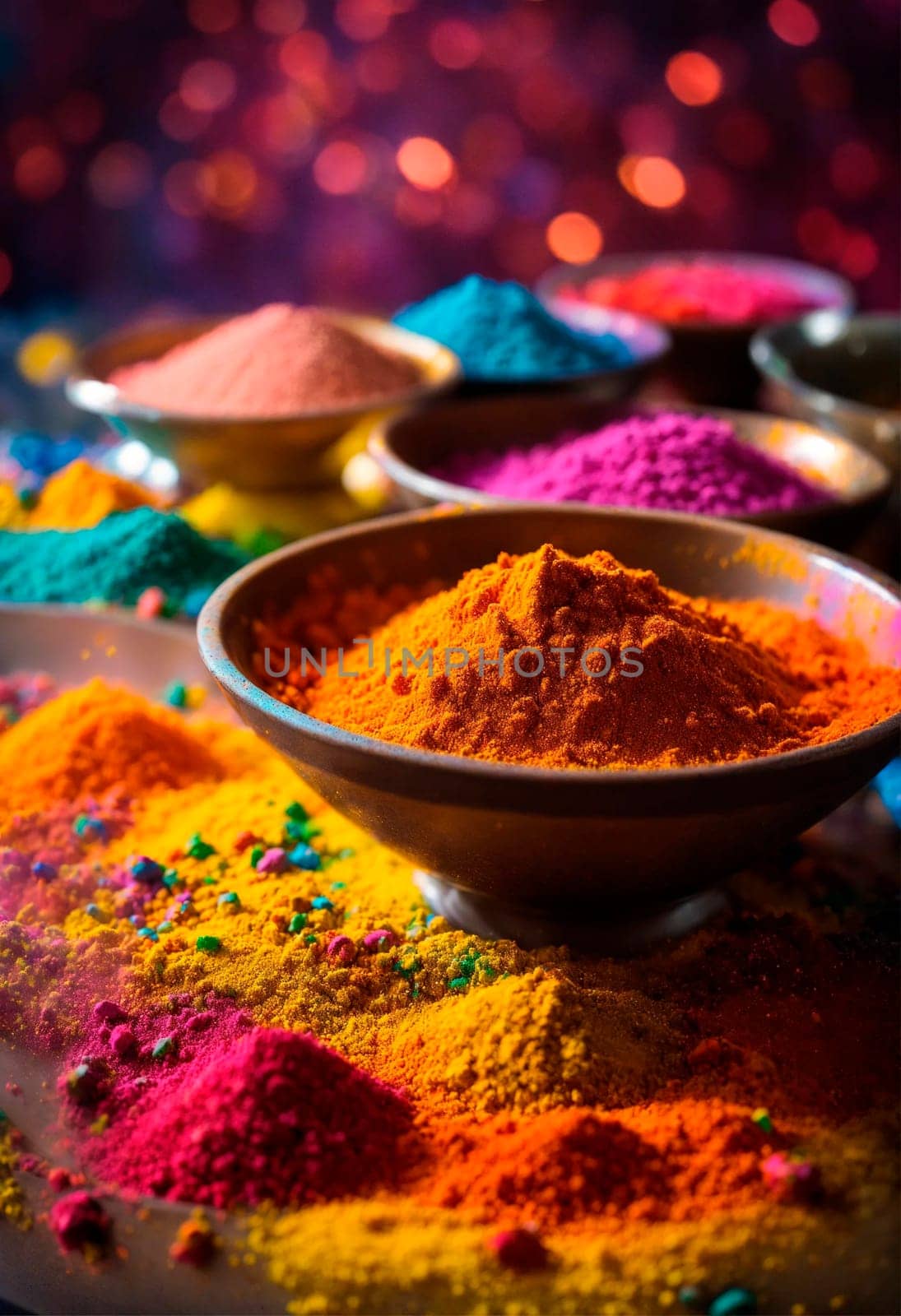 Holi colors on the table. Selective focus. by yanadjana