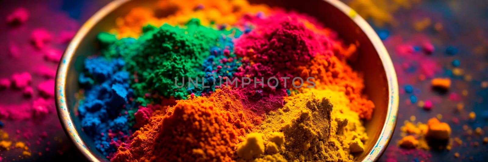 Holi colors on the table. Selective focus. by yanadjana