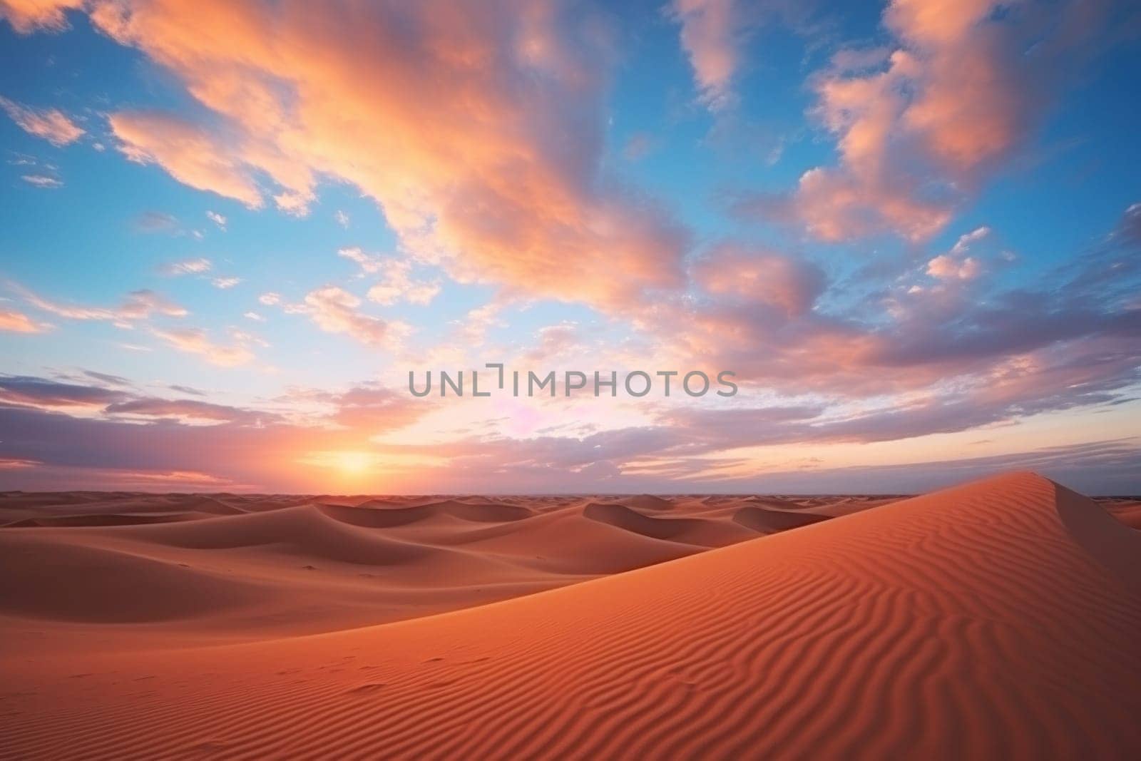Sunset in the desert, Sand dunes with cloud sky background by nijieimu