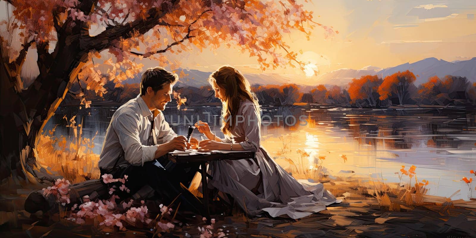 Couple in love on a white plaid take a picnic against the backdrop of a sunset in the mountains. Romantic time. Beautiful couple is enjoying picnic time at sunset. Copy space by Benzoix