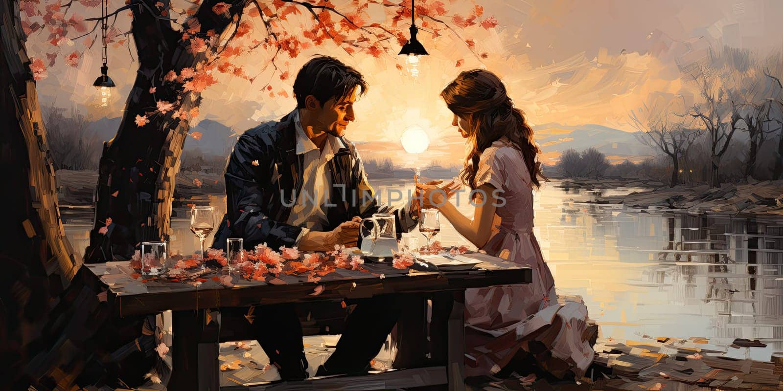 Couple in love on a white plaid take a picnic against the backdrop of a sunset in the mountains. Romantic time. Beautiful couple is enjoying picnic time at sunset. Copy space by Benzoix