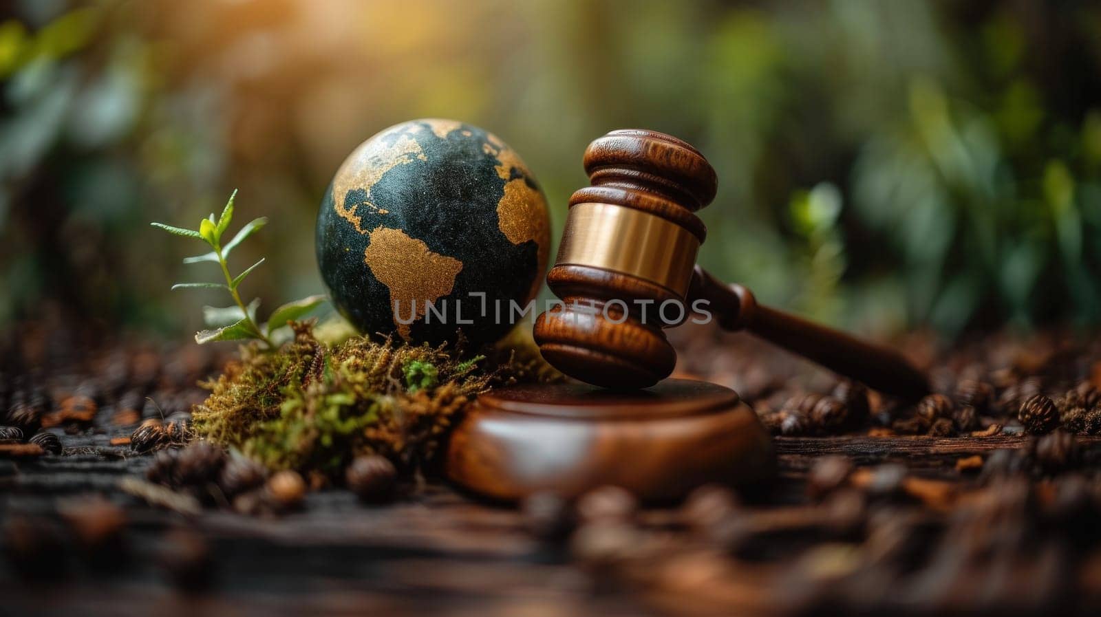 Gavel and green eco Earth globe, international law and green energy concept. Generative AI.