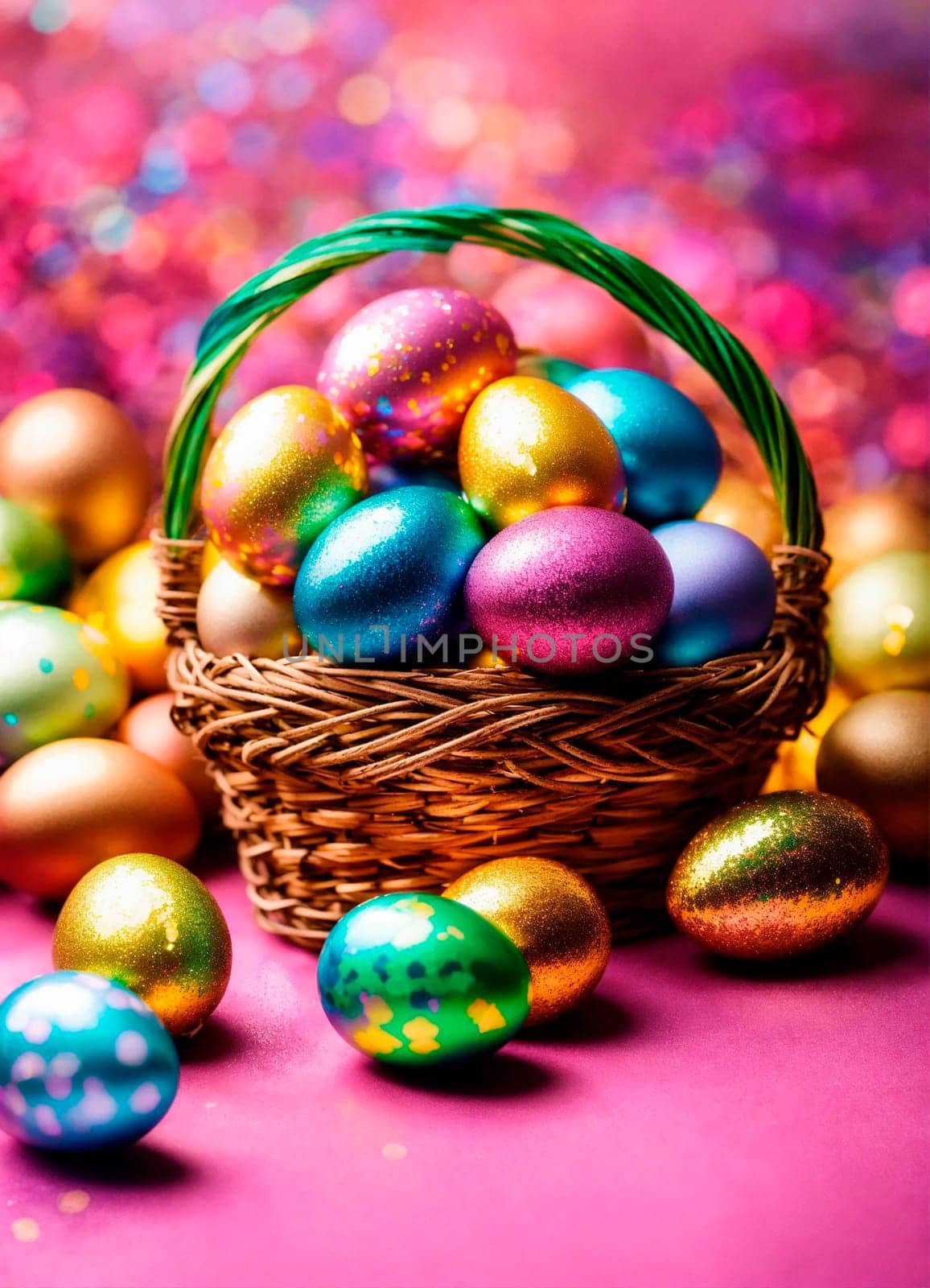 Basket with Easter eggs. Selective focus. Food.